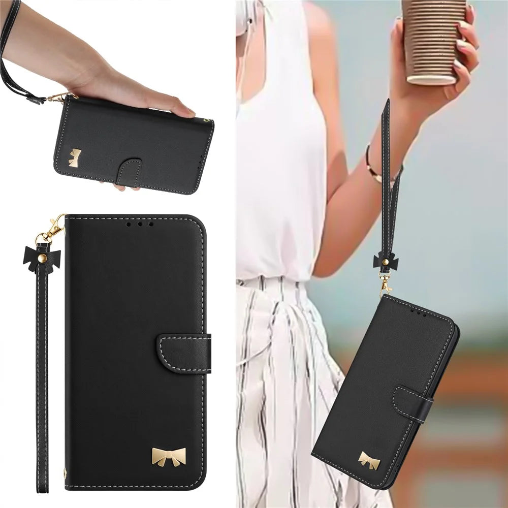 For Realme 15 5G / 15 Pro 5G Case Bowknot Decor Wallet Leather Phone Cover with Wrist Strap - Black - 6