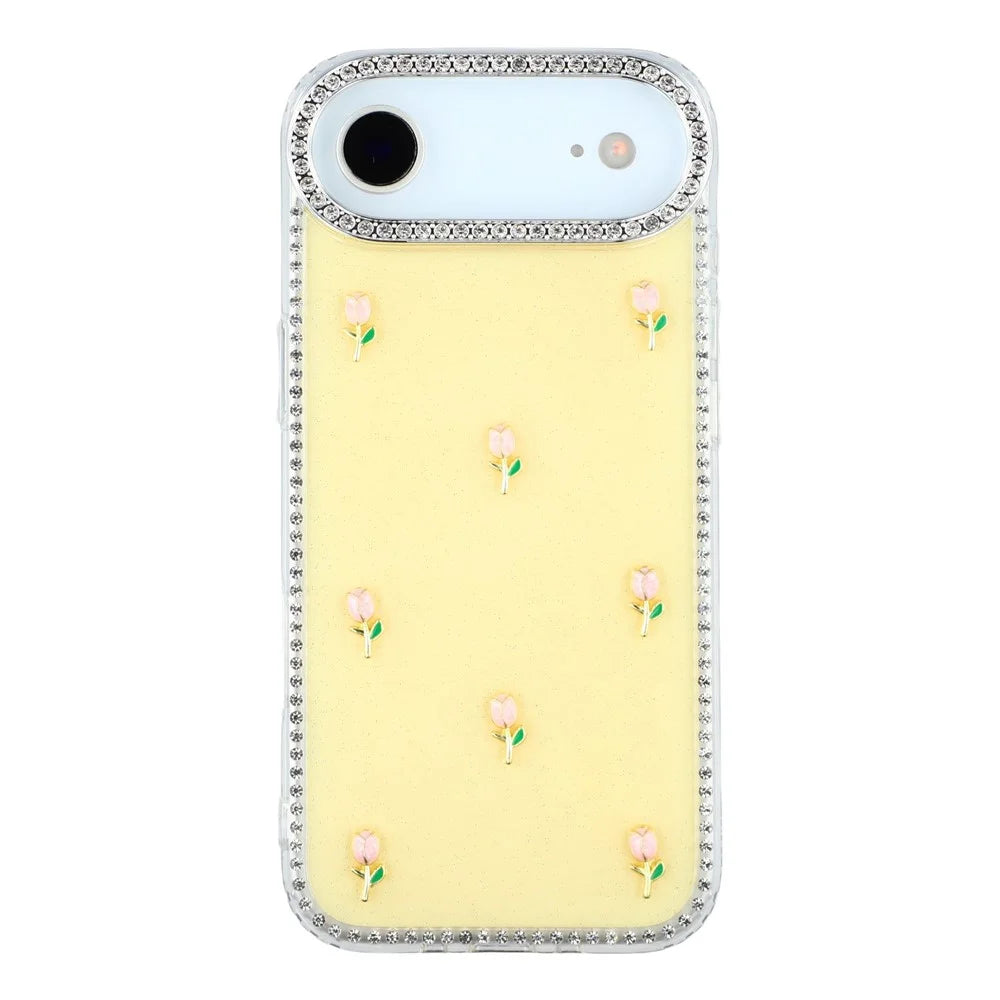 For iPhone Air Case Rhinestone Edge Small Tulips Decor TPU + PC IMD Phone Cover - Glitter Light Yellow - 3