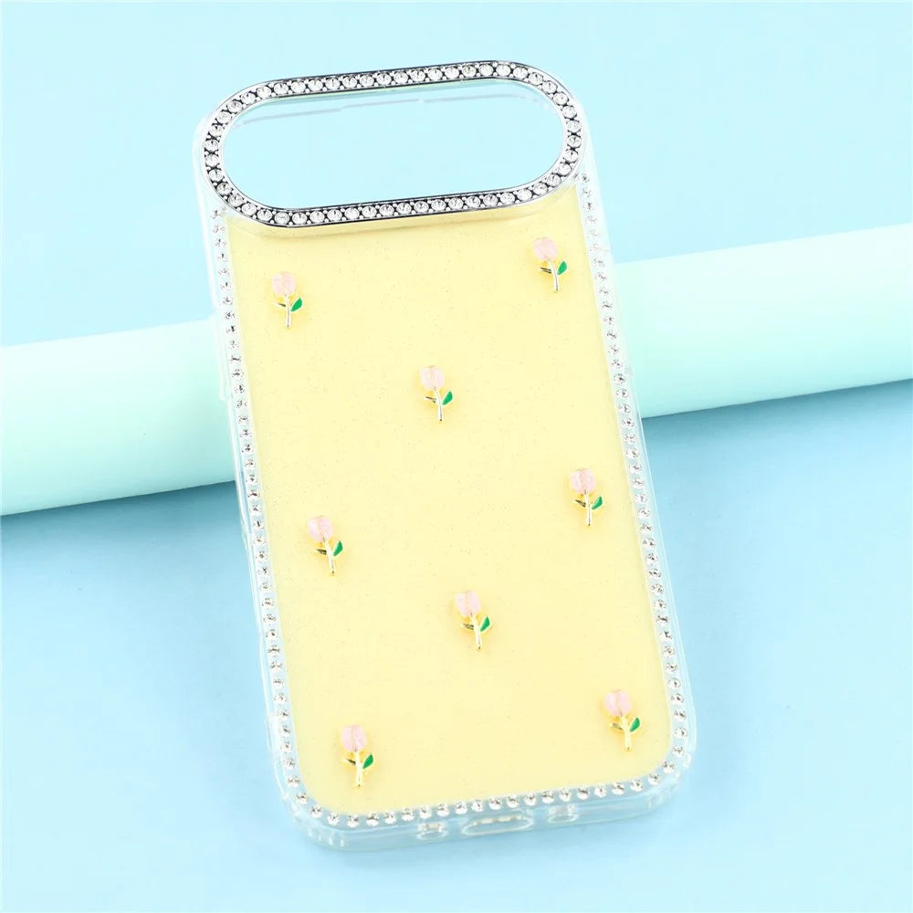 For iPhone Air Case Rhinestone Edge Small Tulips Decor TPU + PC IMD Phone Cover - Glitter Light Yellow - 6