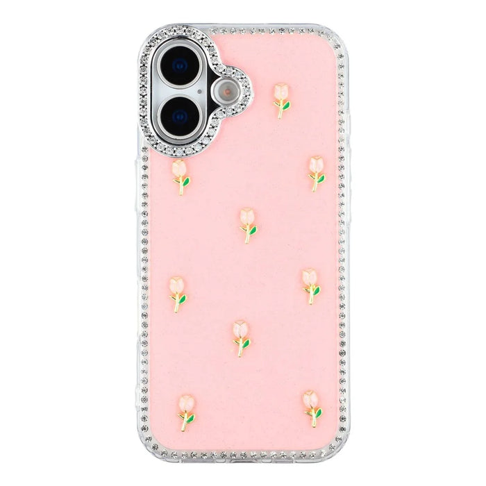 For iPhone 17 Case Rhinestone Edge Small Tulips Decor TPU + PC IMD Phone Cover - Glitter Light Pink - 3