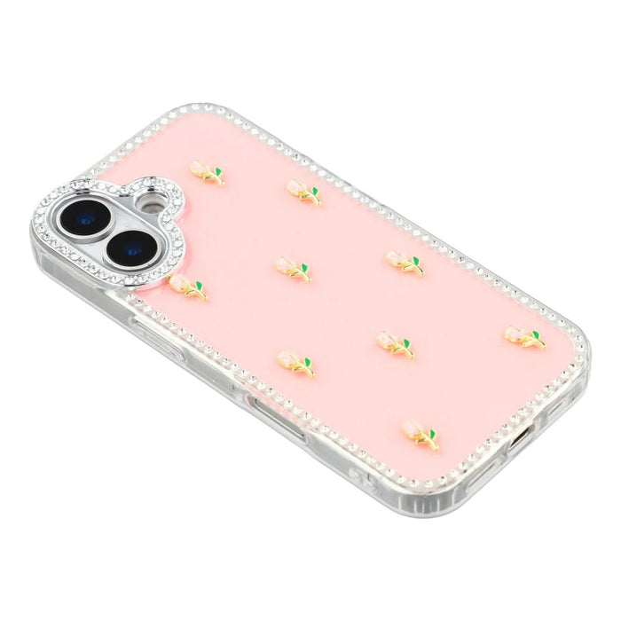 For iPhone 17 Case Rhinestone Edge Small Tulips Decor TPU + PC IMD Phone Cover - Glitter Light Pink - 4