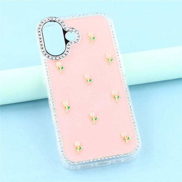 For iPhone 17 Case Rhinestone Edge Small Tulips Decor TPU + PC IMD Phone Cover - Glitter Light Pink - 6