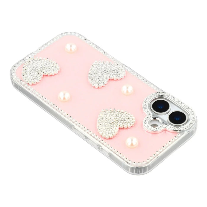 For iPhone 16 Case Rhinestone Edge Pearl Love Decor TPU + PC IMD Phone Cover - Glitter Light Pink - 5