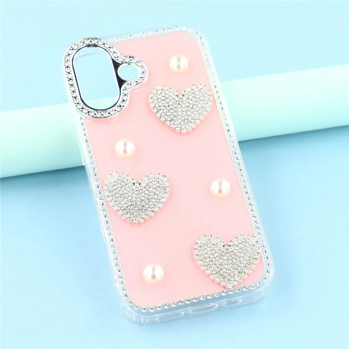 For iPhone 16 Case Rhinestone Edge Pearl Love Decor TPU + PC IMD Phone Cover - Glitter Light Pink - 6