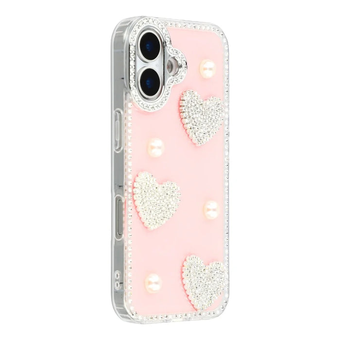 For iPhone 17 Case Rhinestone Edge Pearl Love Decor TPU + PC IMD Phone Cover - Glitter Light Pink - 1