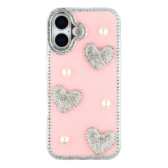 For iPhone 17 Case Rhinestone Edge Pearl Love Decor TPU + PC IMD Phone Cover - Glitter Light Pink - 3