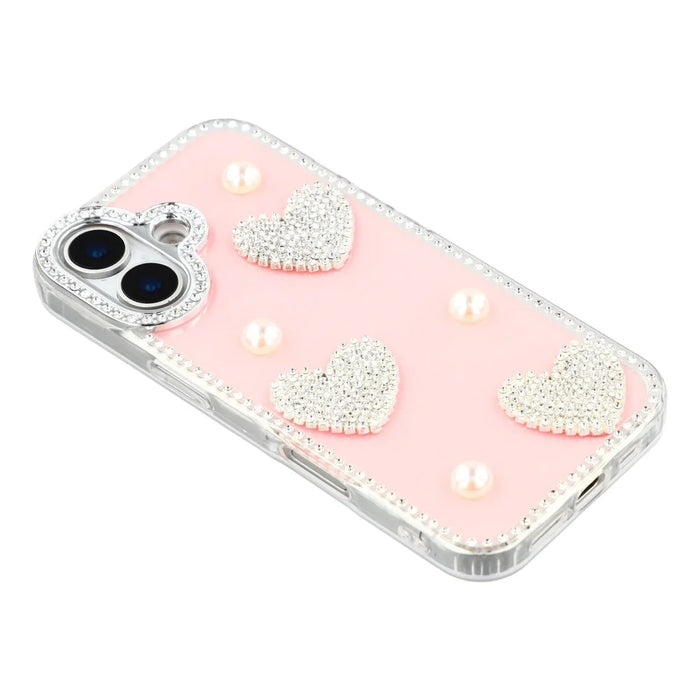 For iPhone 17 Case Rhinestone Edge Pearl Love Decor TPU + PC IMD Phone Cover - Glitter Light Pink - 4