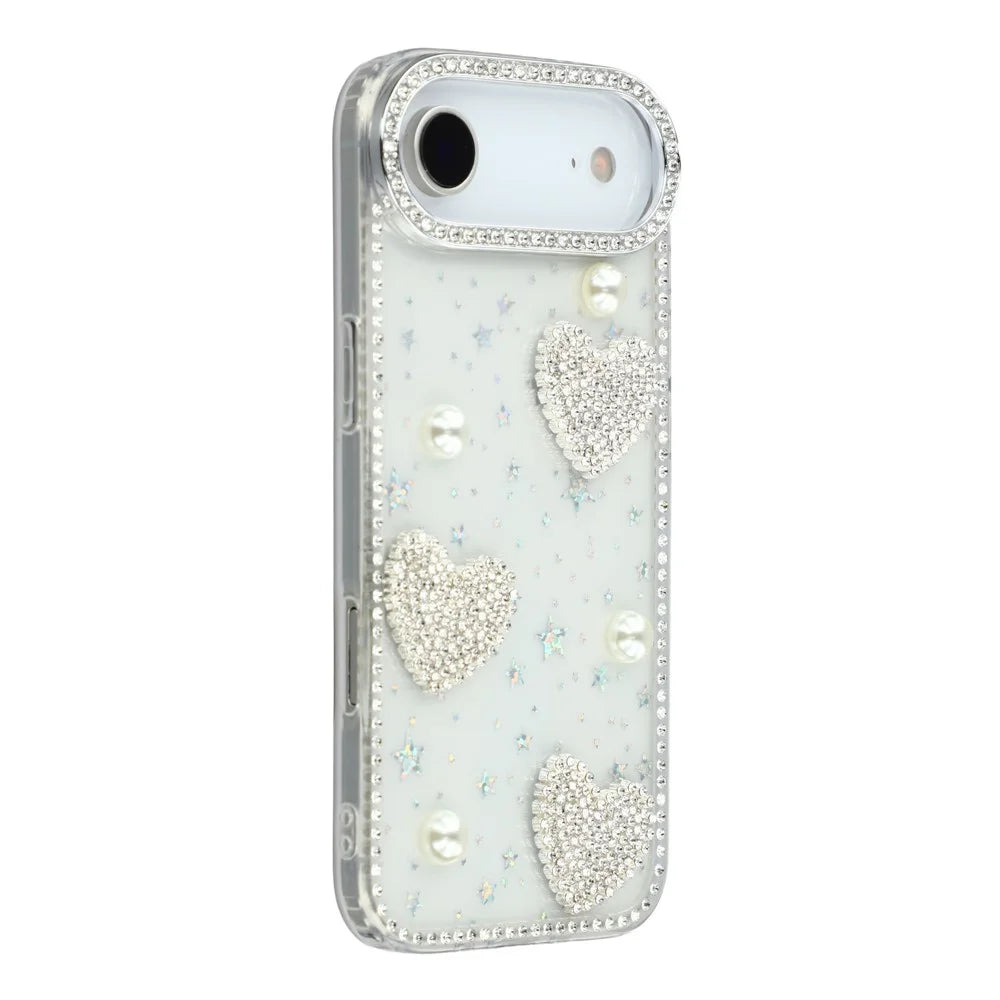 For iPhone Air Case Rhinestone Edge Pearl Love Decor TPU + PC IMD Phone Cover - Starry Transparent - 1