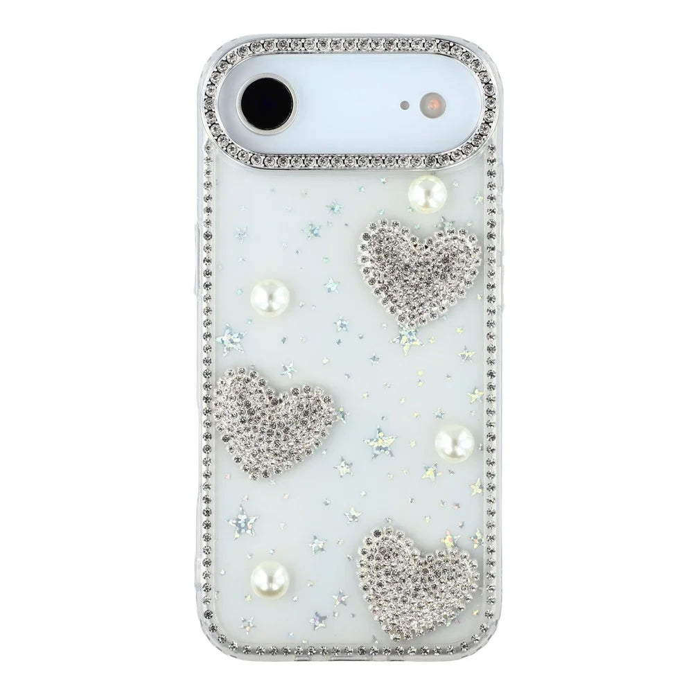 For iPhone Air Case Rhinestone Edge Pearl Love Decor TPU + PC IMD Phone Cover - Starry Transparent - 3