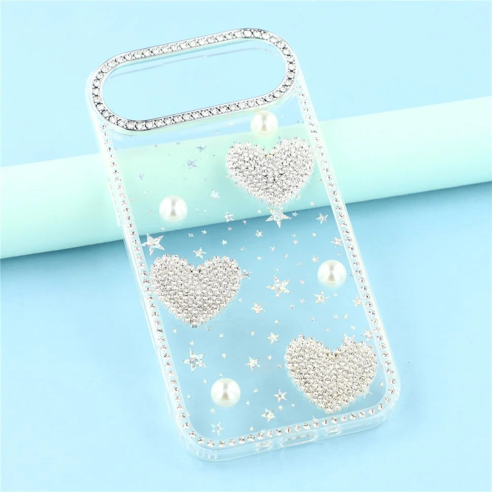 For iPhone Air Case Rhinestone Edge Pearl Love Decor TPU + PC IMD Phone Cover - Starry Transparent - 6