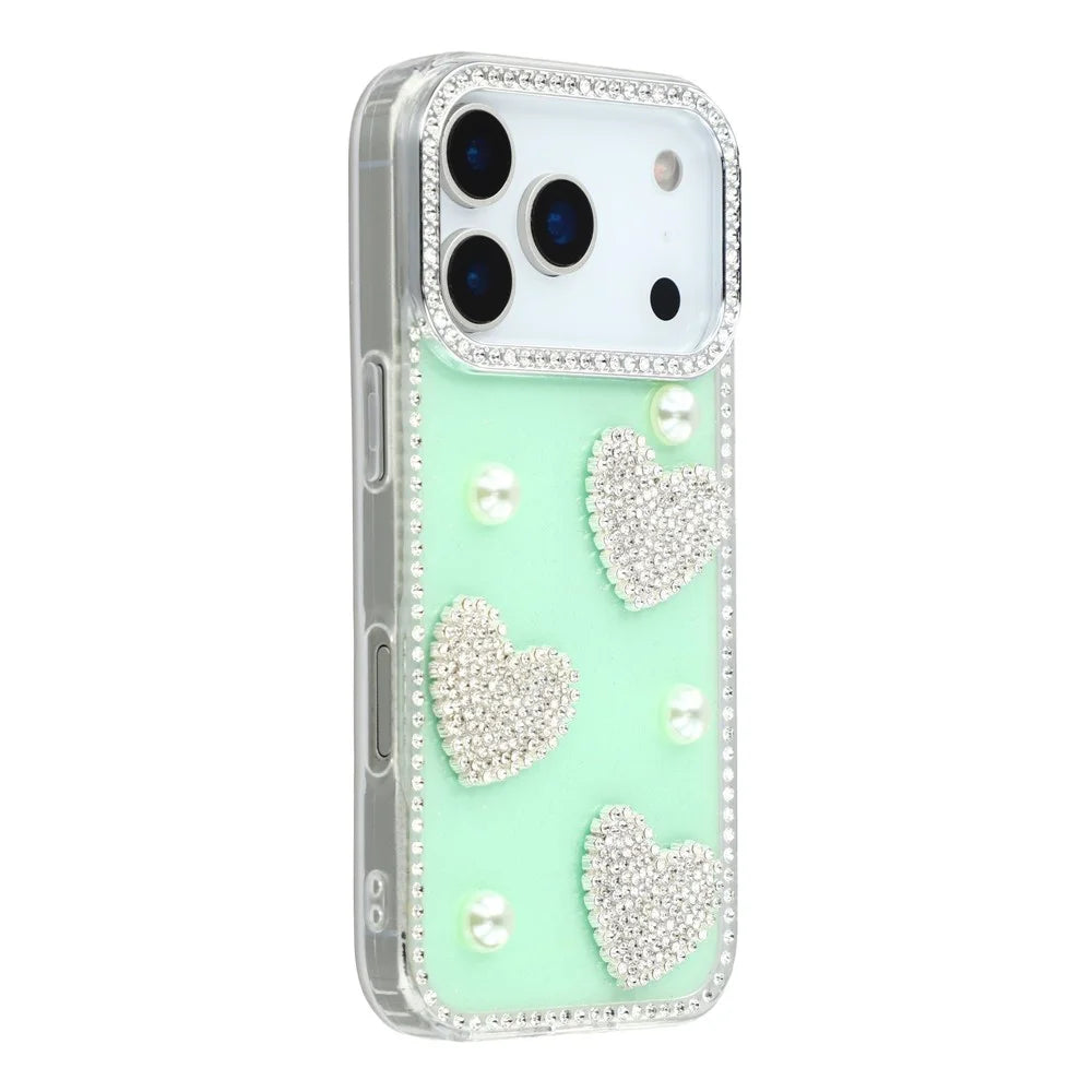 For iPhone 18 Pro Max / 17 Pro Max Case Rhinestone Edge Pearl Love Decor TPU + PC IMD Phone Cover - Glitter Light Green - 1