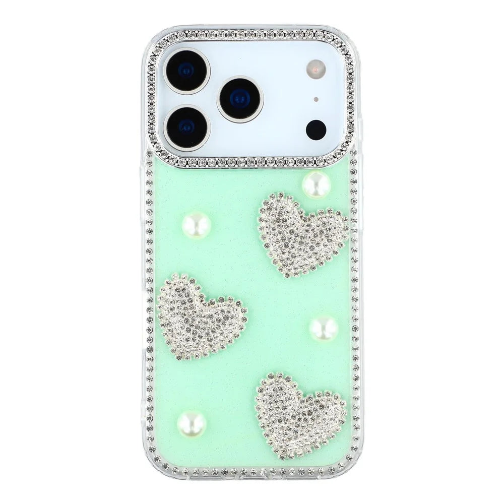 For iPhone 18 Pro Max / 17 Pro Max Case Rhinestone Edge Pearl Love Decor TPU + PC IMD Phone Cover - Glitter Light Green - 3