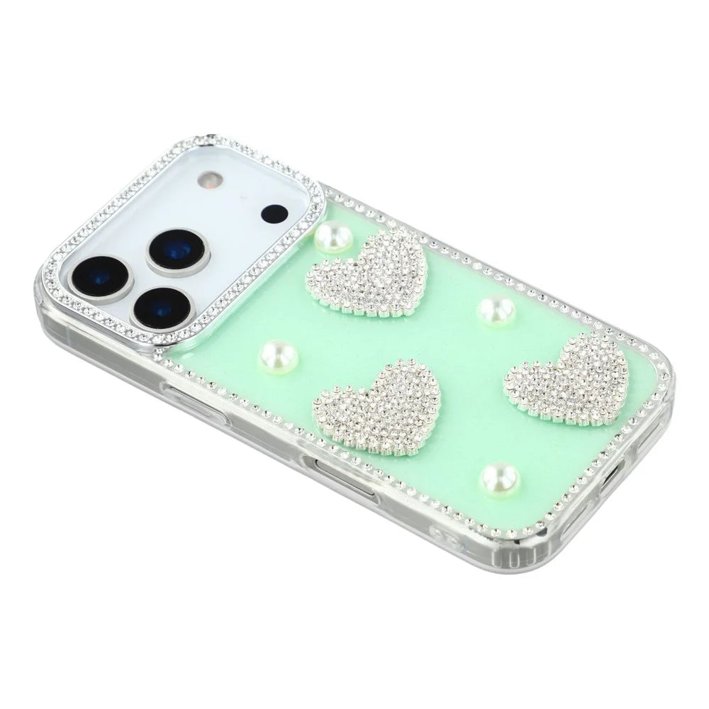 For iPhone 18 Pro Max / 17 Pro Max Case Rhinestone Edge Pearl Love Decor TPU + PC IMD Phone Cover - Glitter Light Green - 4