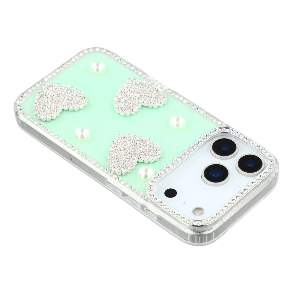 For iPhone 18 Pro Max / 17 Pro Max Case Rhinestone Edge Pearl Love Decor TPU + PC IMD Phone Cover - Glitter Light Green - 5