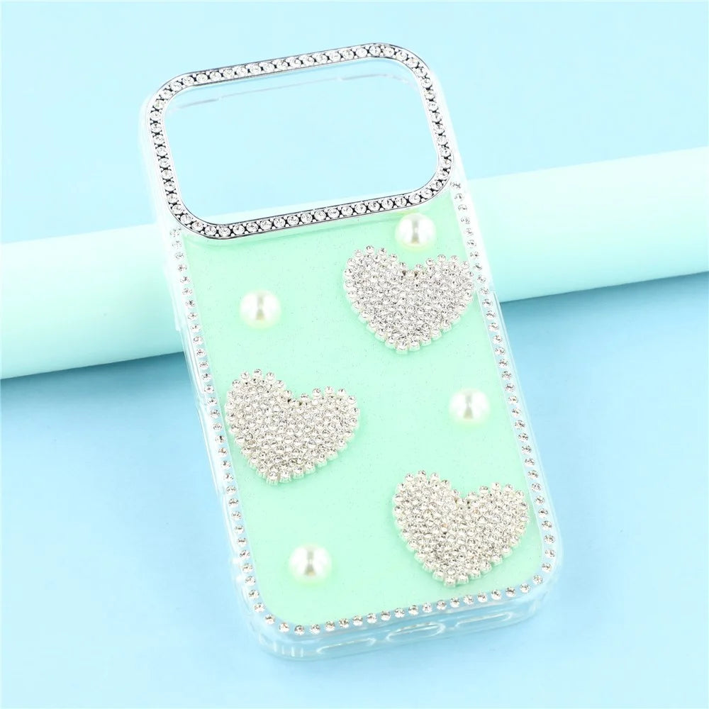 For iPhone 18 Pro Max / 17 Pro Max Case Rhinestone Edge Pearl Love Decor TPU + PC IMD Phone Cover - Glitter Light Green - 6
