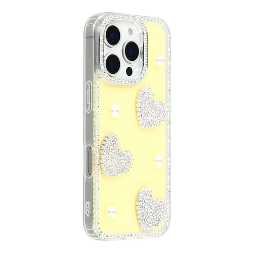 For iPhone 16 Pro Max Case Rhinestone Edge Pearl Love Decor TPU + PC IMD Phone Cover - Glitter Light Yellow - 1