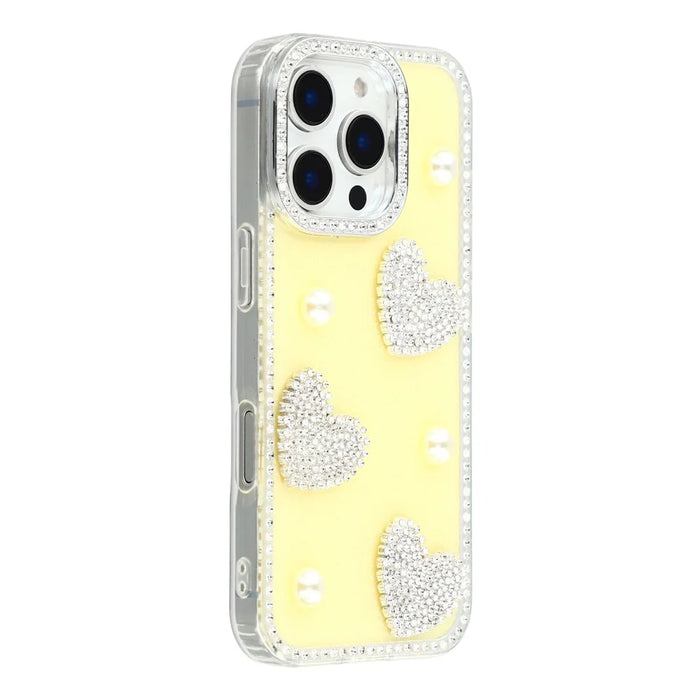 For iPhone 16 Pro Max Case Rhinestone Edge Pearl Love Decor TPU + PC IMD Phone Cover - Glitter Light Yellow - 1