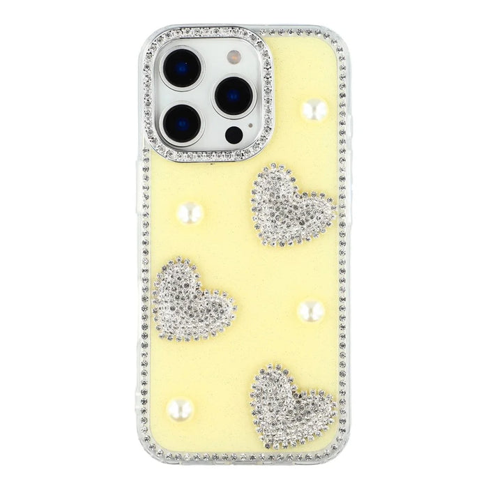 For iPhone 16 Pro Max Case Rhinestone Edge Pearl Love Decor TPU + PC IMD Phone Cover - Glitter Light Yellow - 3
