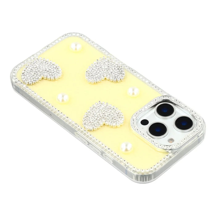 For iPhone 16 Pro Max Case Rhinestone Edge Pearl Love Decor TPU + PC IMD Phone Cover - Glitter Light Yellow - 5