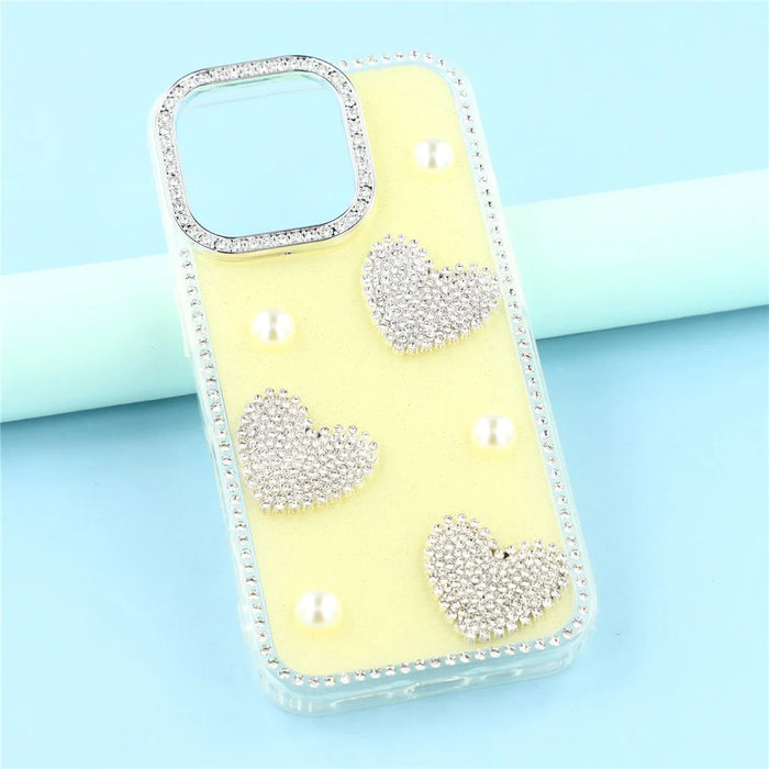 For iPhone 16 Pro Max Case Rhinestone Edge Pearl Love Decor TPU + PC IMD Phone Cover - Glitter Light Yellow - 6