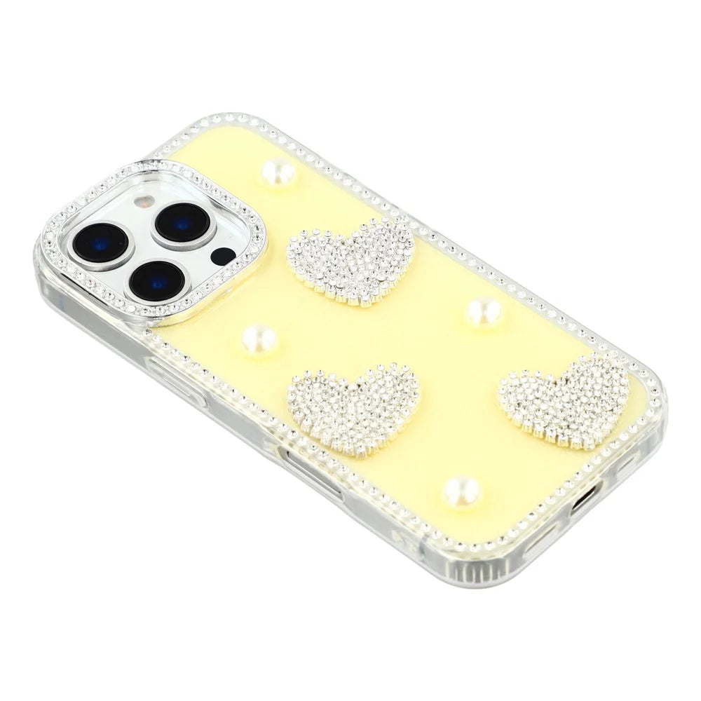 For iPhone 16 Pro Case Rhinestone Edge Pearl Love Decor TPU + PC IMD Phone Cover - Glitter Light Yellow - 4