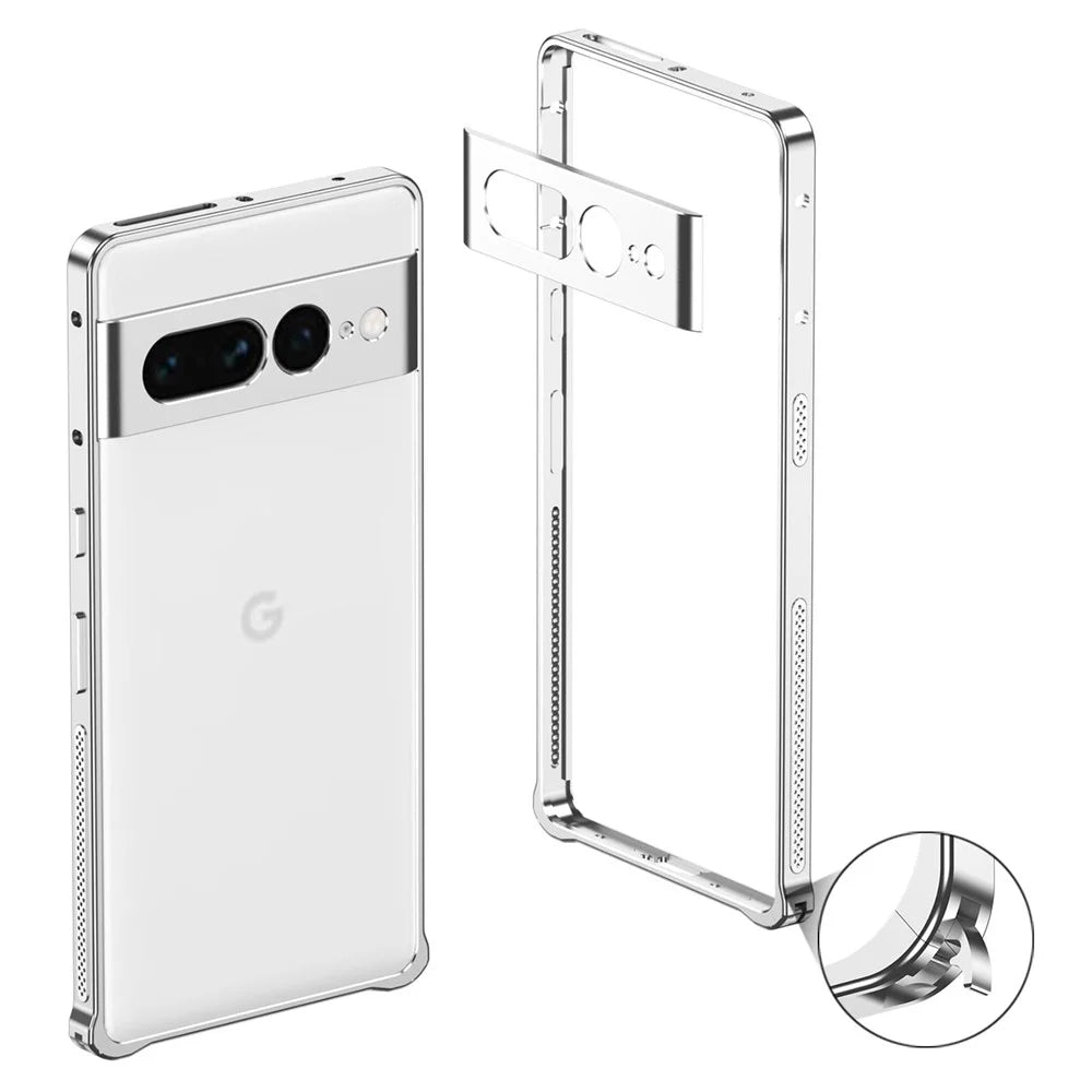For Google Pixel 7 Pro 5G Bumper Cases Metal Frame Heat Dissipation Cover with Lens Protector - Silver - 1