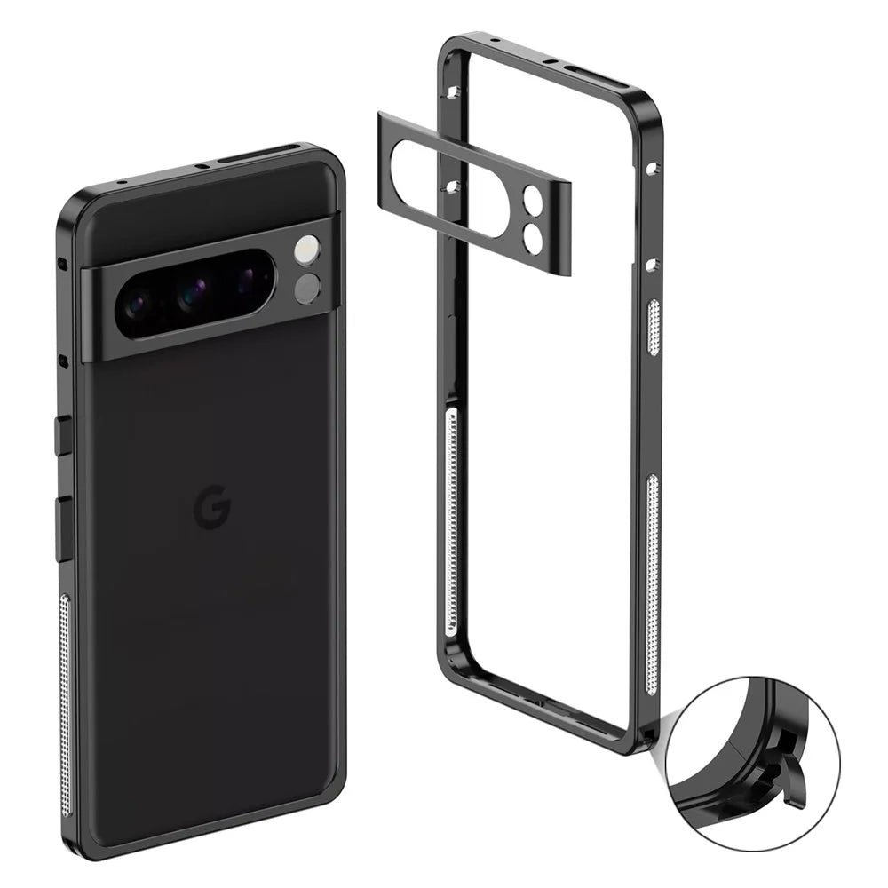 For Google Pixel 8 Pro Bumper Cases Metal Frame Heat Dissipation Cover with Lens Protector - Black - 1