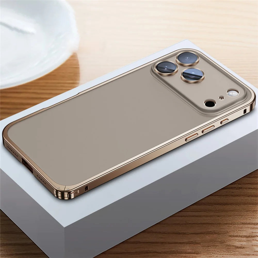 For iPhone 17 Pro Metal Clear Case Safety Lock Matte Anti-Fingerprint Back Cover - Gold - 2