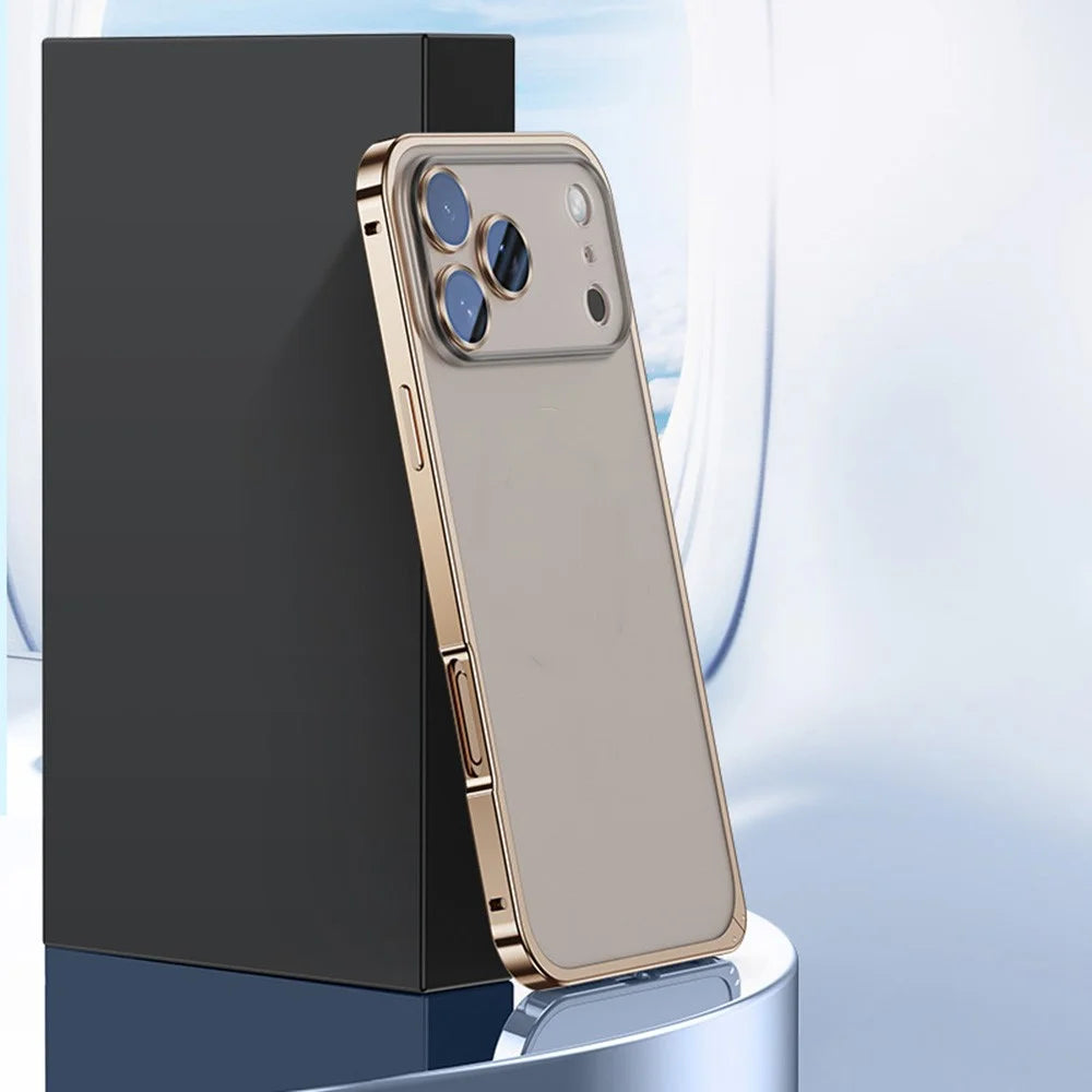 For iPhone 17 Pro Metal Clear Case Safety Lock Matte Anti-Fingerprint Back Cover - Gold - 7