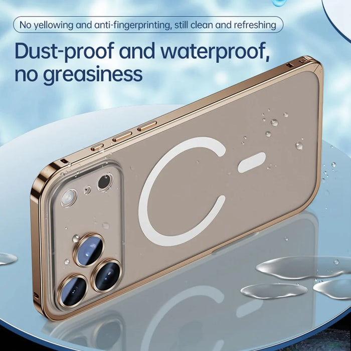 For iPhone 17 Pro Max Metal Clear Case Compatible with MagSafe Safety Lock Back Cover - Gold - 5