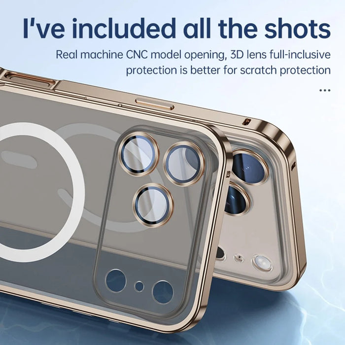 For iPhone 17 Pro Max Metal Clear Case Compatible with MagSafe Safety Lock Back Cover - Gold - 6