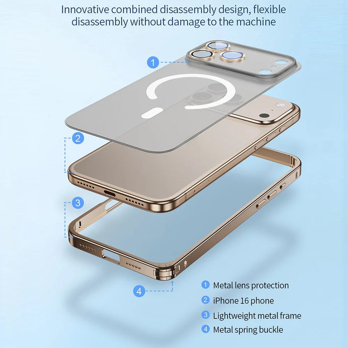 For iPhone 17 Pro Metal Clear Case Compatible with MagSafe Safety Lock Back Cover - Gold - 3