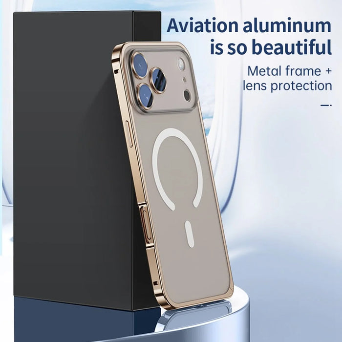 For iPhone 17 Pro Metal Clear Case Compatible with MagSafe Safety Lock Back Cover - Gold - 7