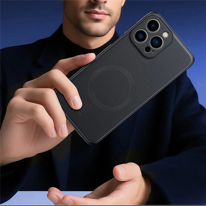 For iPhone 16 Pro Max Case Compatible with MagSafe Leather Coated TPU + PC Phone Cover - Black - 3