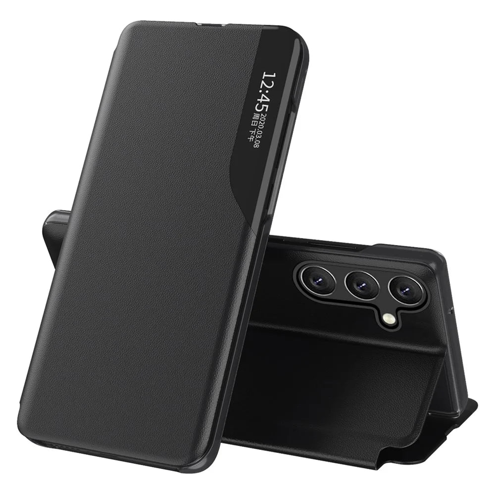 For Samsung Galaxy S25 FE Phone Case Folio Flip PU Leather Stand Cover - Black - 1