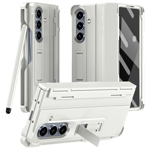 For Samsung Galaxy Z Fold7 5G Case Kickstand Hard PC Phone Cover with Stylus / Screen Protector - White - 1