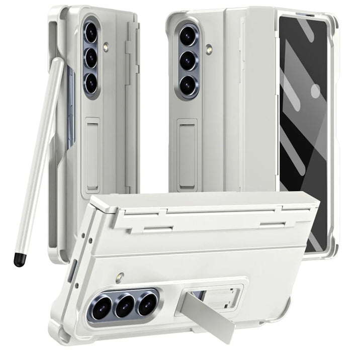 For Samsung Galaxy Z Fold7 5G Case Kickstand Hard PC Phone Cover with Stylus / Screen Protector - White - 1