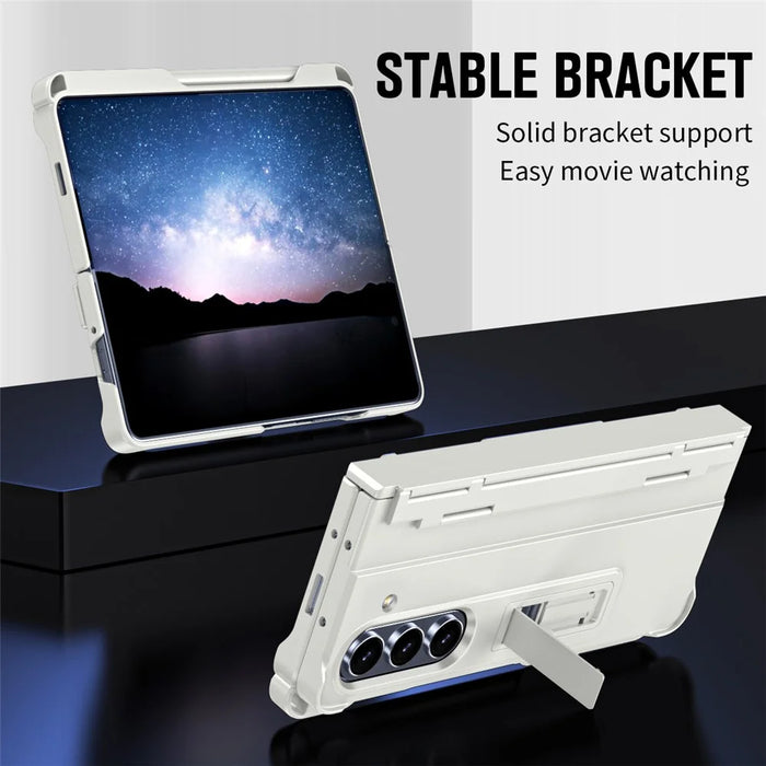 For Samsung Galaxy Z Fold7 5G Case Kickstand Hard PC Phone Cover with Stylus / Screen Protector - White - 5