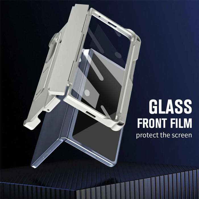 For Samsung Galaxy Z Fold7 5G Case Kickstand Hard PC Phone Cover with Stylus / Screen Protector - White - 6