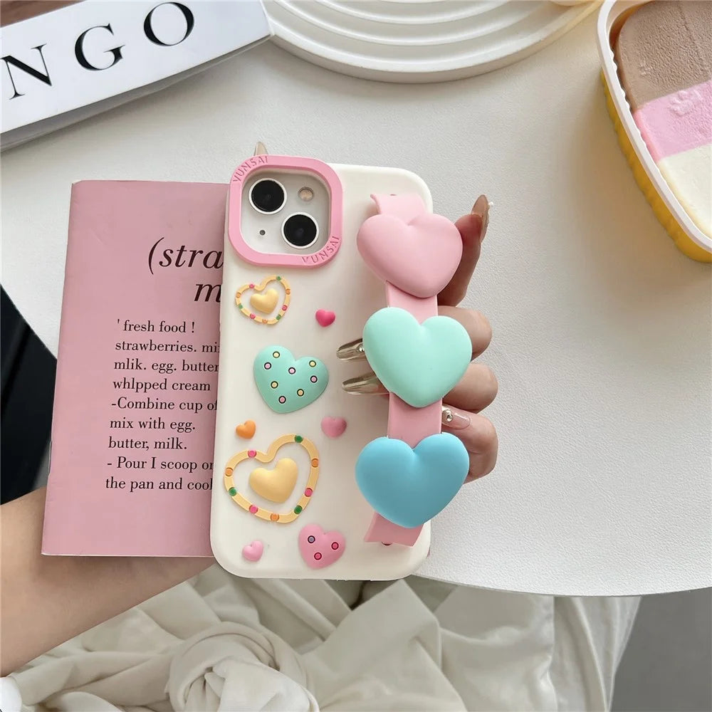 For iPhone 15 Silicone Case Cute Love Wrist Strap Design Shockproof Phone Back Cover - 1