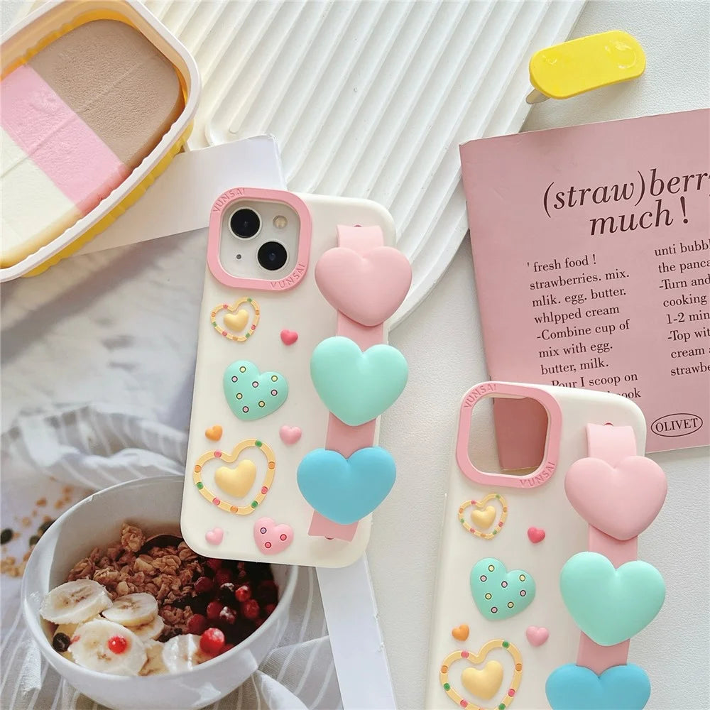 For iPhone 15 Silicone Case Cute Love Wrist Strap Design Shockproof Phone Back Cover - 4