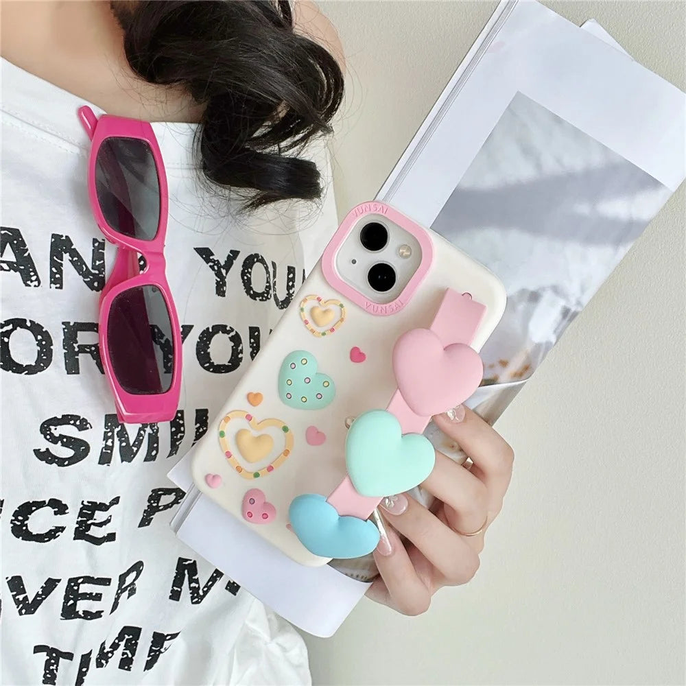 For iPhone 15 Silicone Case Cute Love Wrist Strap Design Shockproof Phone Back Cover - 5