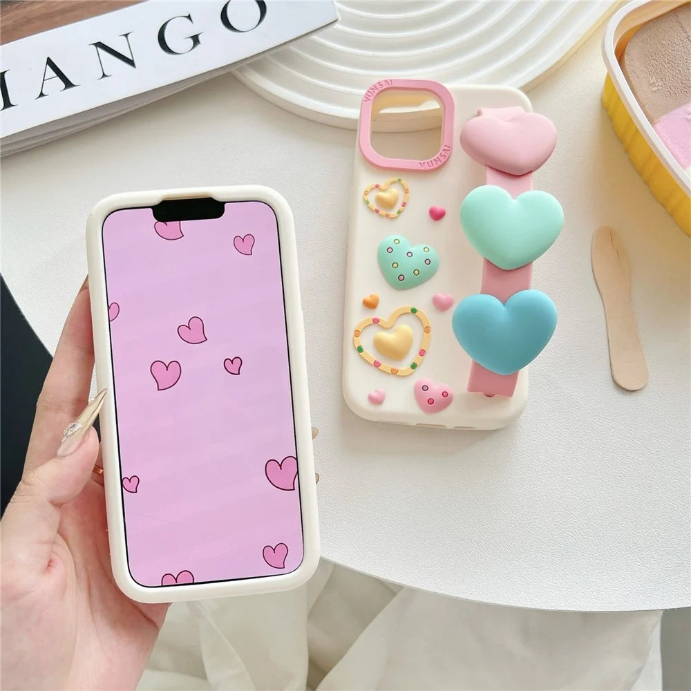 For iPhone 15 Silicone Case Cute Love Wrist Strap Design Shockproof Phone Back Cover - 7