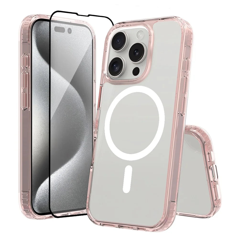 For iPhone 16 Pro Case Compati with MagSafe PC + TPU Clear Phone Cover with Tempered Glass Screen Protector - Pink - 1