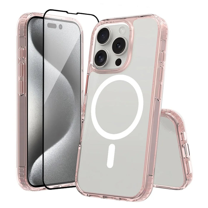 For iPhone 16 Pro Case Compati with MagSafe PC + TPU Clear Phone Cover with Tempered Glass Screen Protector - Pink - 1