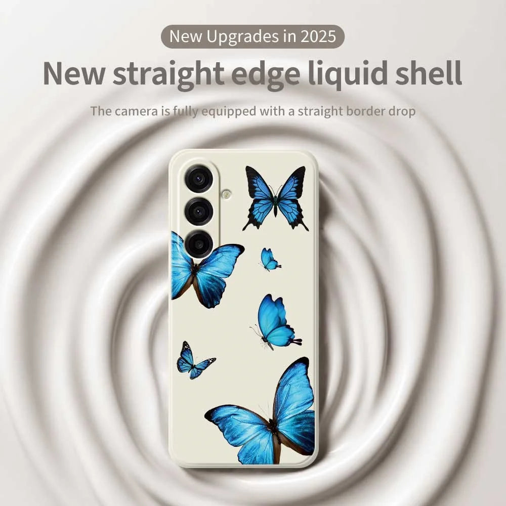 For Samsung Galaxy A18 5G / A18 4G / A17 5G / A17 4G Case Blue Butterflies Pattern Printing Straight Edge TPU Phone Back Cover - Beige - 3