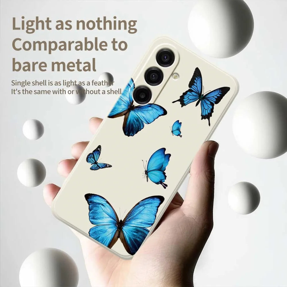 For Samsung Galaxy A18 5G / A18 4G / A17 5G / A17 4G Case Blue Butterflies Pattern Printing Straight Edge TPU Phone Back Cover - Beige - 4