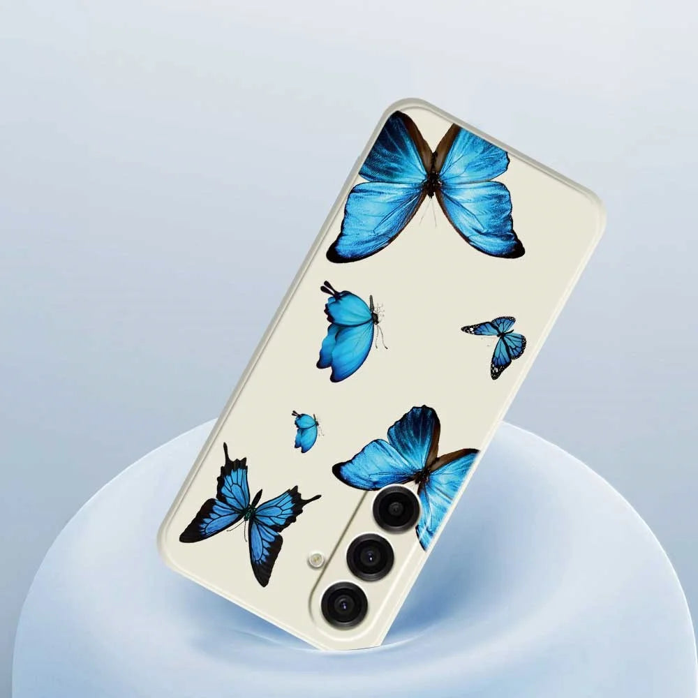For Samsung Galaxy A18 5G / A18 4G / A17 5G / A17 4G Case Blue Butterflies Pattern Printing Straight Edge TPU Phone Back Cover - Beige - 5