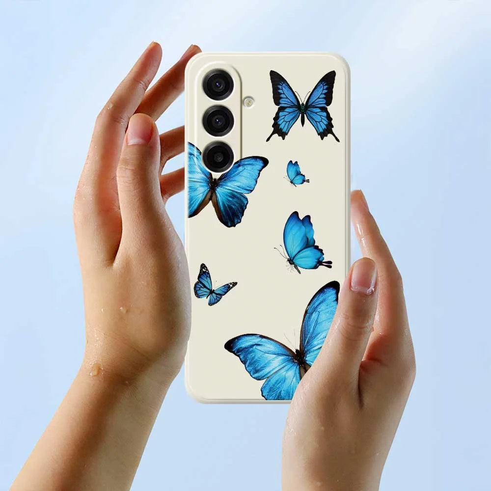 For Samsung Galaxy A18 5G / A18 4G / A17 5G / A17 4G Case Blue Butterflies Pattern Printing Straight Edge TPU Phone Back Cover - Beige - 6