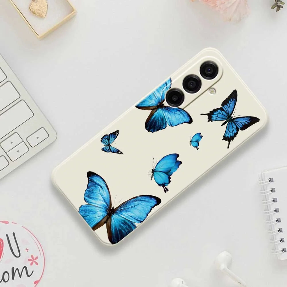 For Samsung Galaxy A18 5G / A18 4G / A17 5G / A17 4G Case Blue Butterflies Pattern Printing Straight Edge TPU Phone Back Cover - Beige - 7